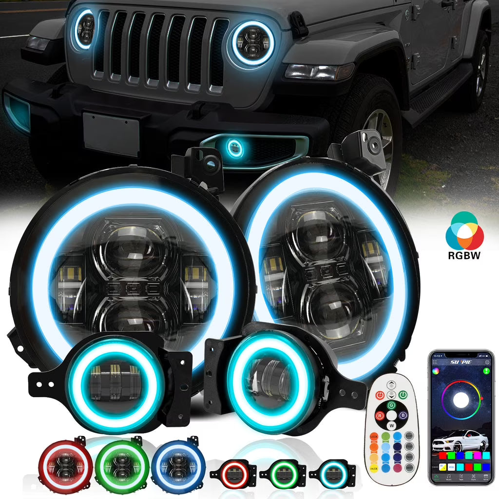 Black 9" RGBW Halo LED Headlights and 4" RGBW LED Fog Lights P84220