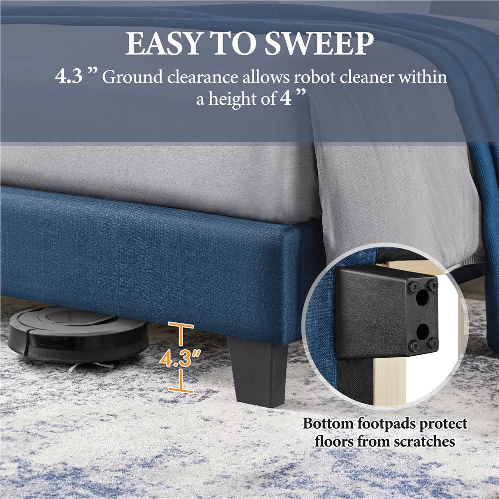 Queen Platform Bed with Upholstered Headboard, Navy Blue M114