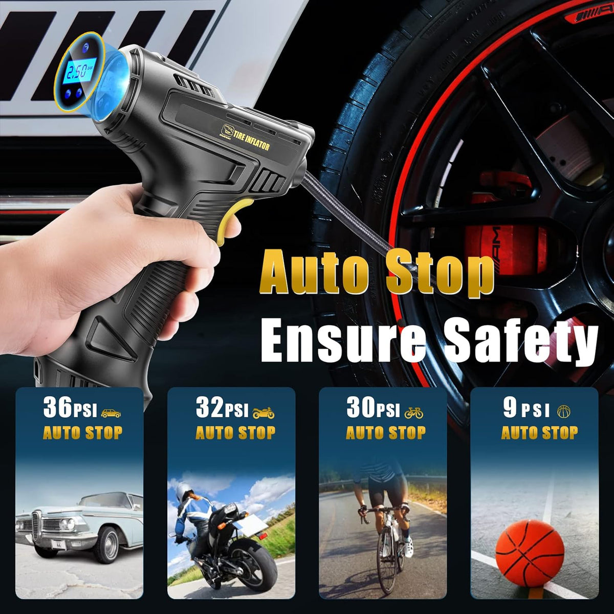 Cordless Tire Inflator Portable Air Compressor 100PSI 12V DC Rechargeable Digital Pressure Gauge Pack of 2 C2049