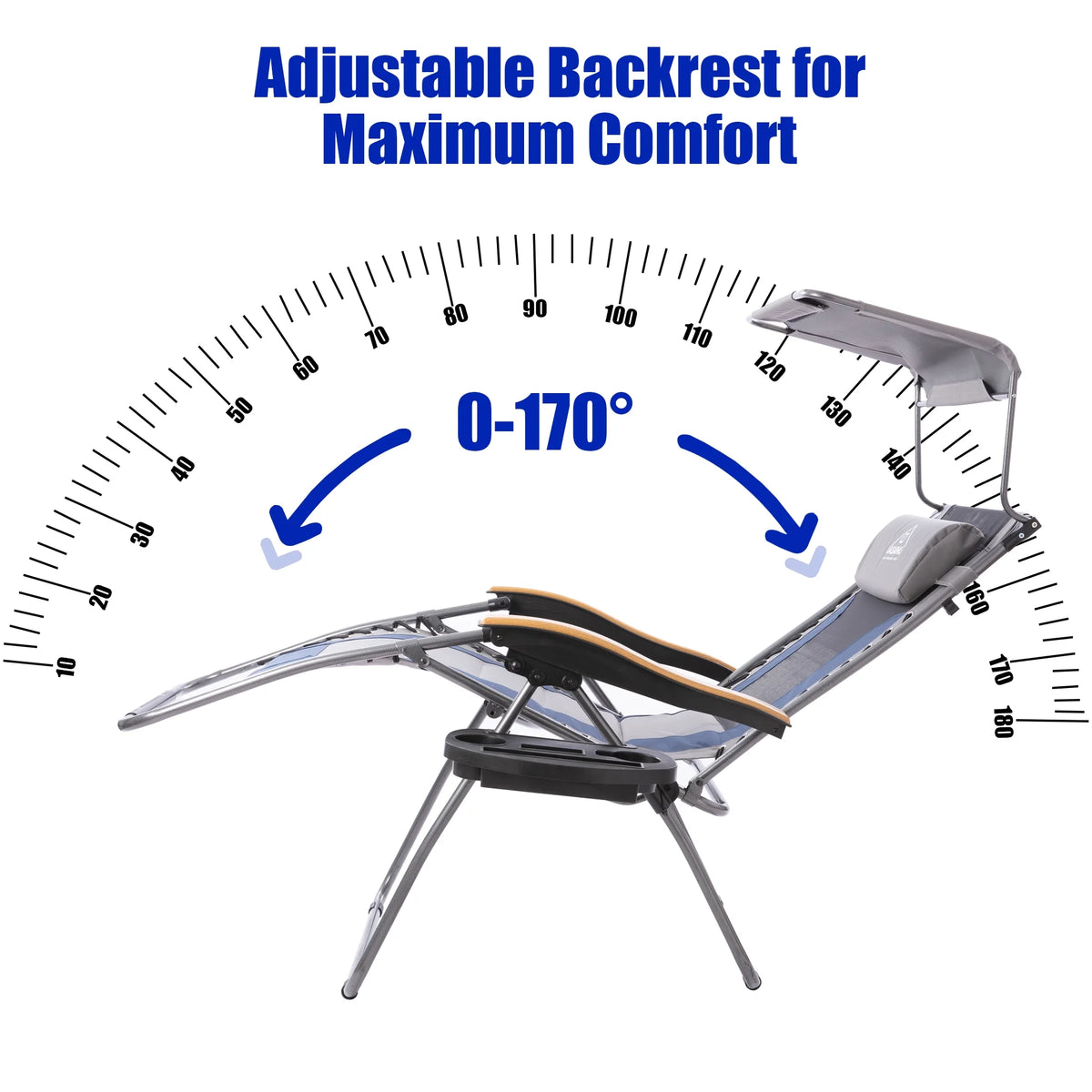 Blue Adjustable Folding Zero Outdoor Recliner with Cup Holder and Canopy Shade W34095