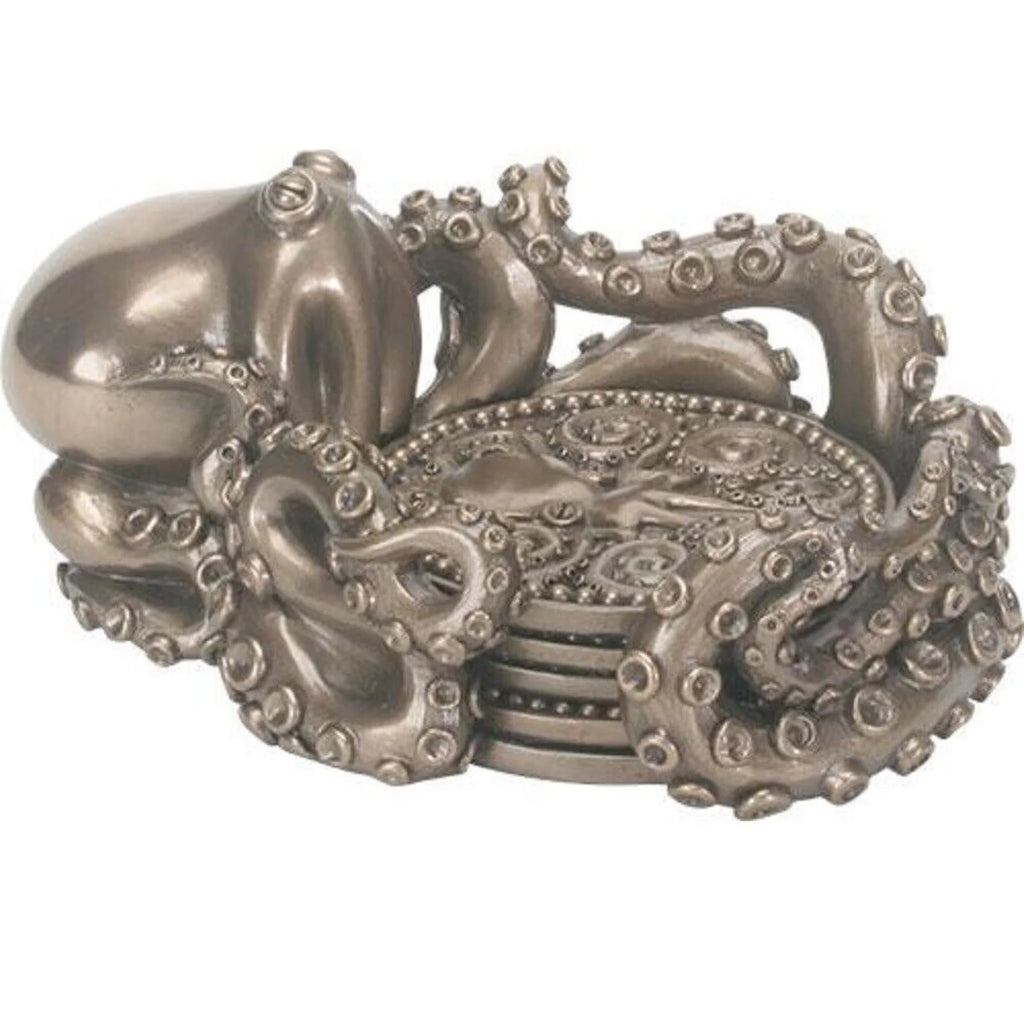 Coaster Holder with 4 Coasters Octopus Nautical Bar Decor Q49378