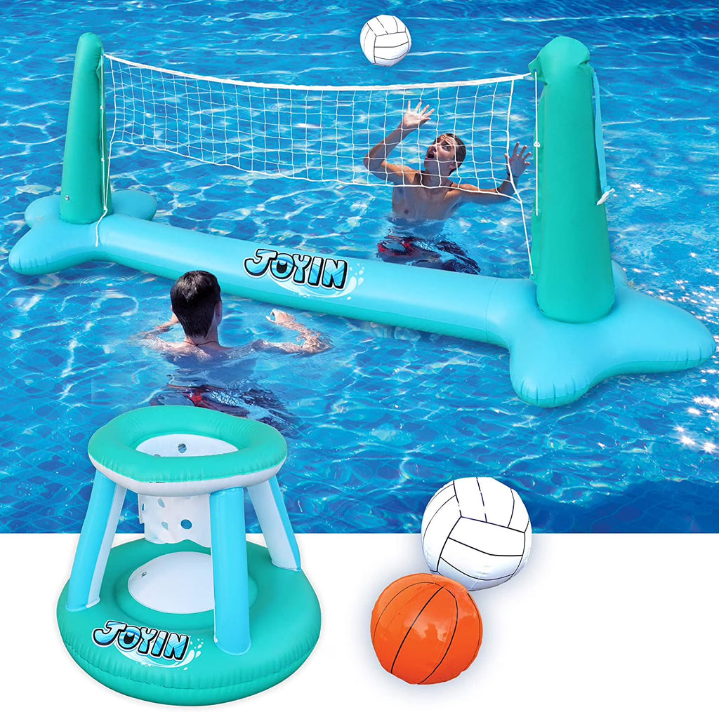 Inflatable Pool Float Set with Volleyball Net & Basketball Hoops Balls J74335