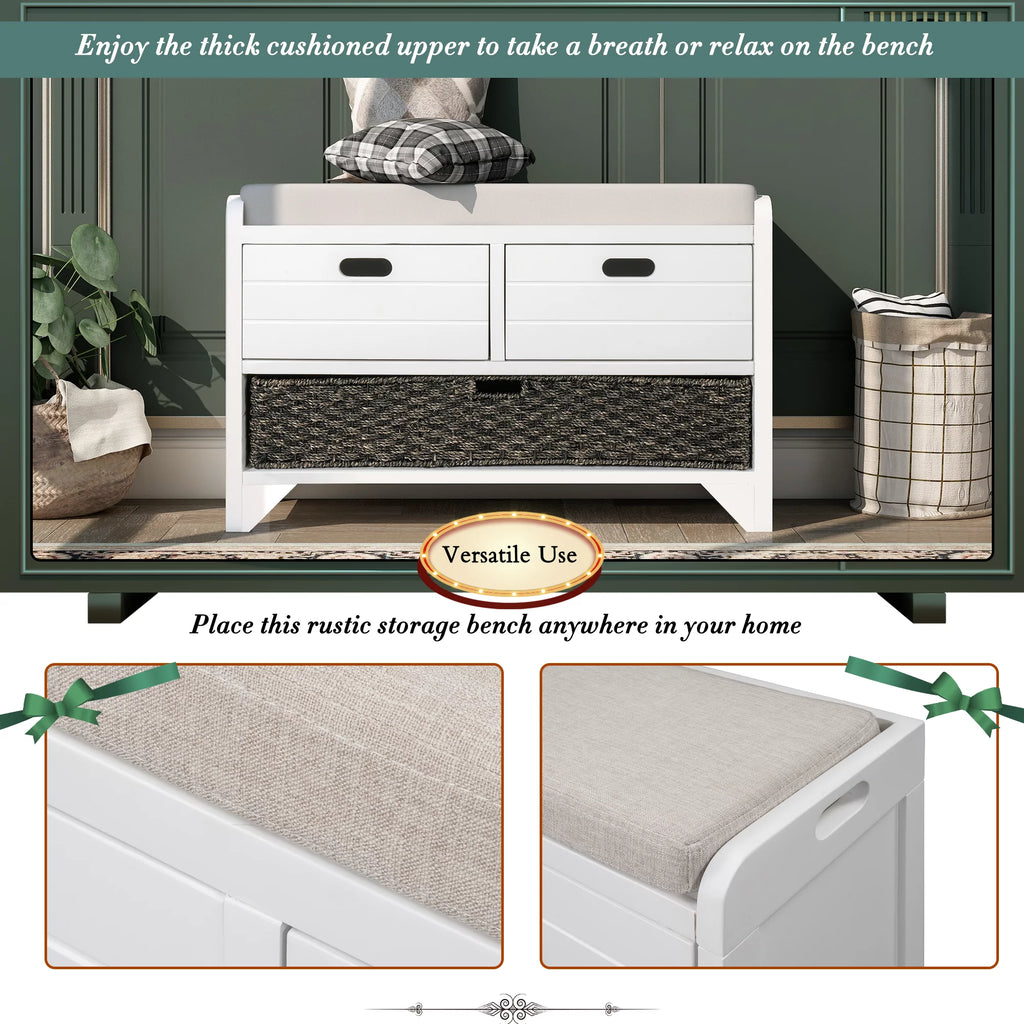 White Storage Bench with Removable Basket and 2 Drawers V52682