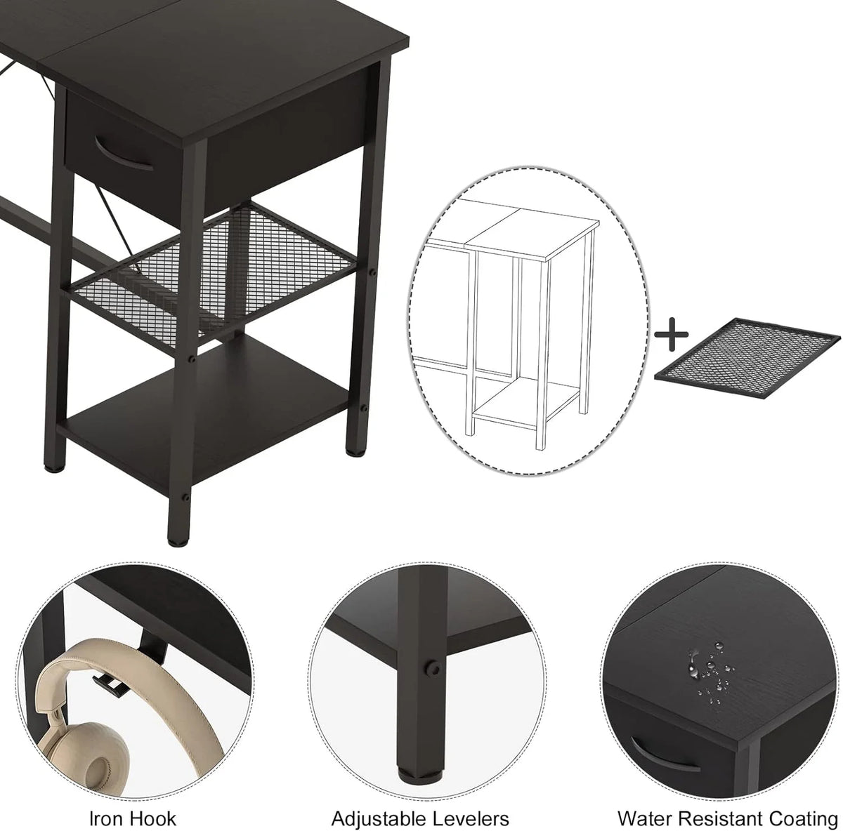 L Shaped Corner Computer Desk with Shelves and Monitor Stand Black V731286