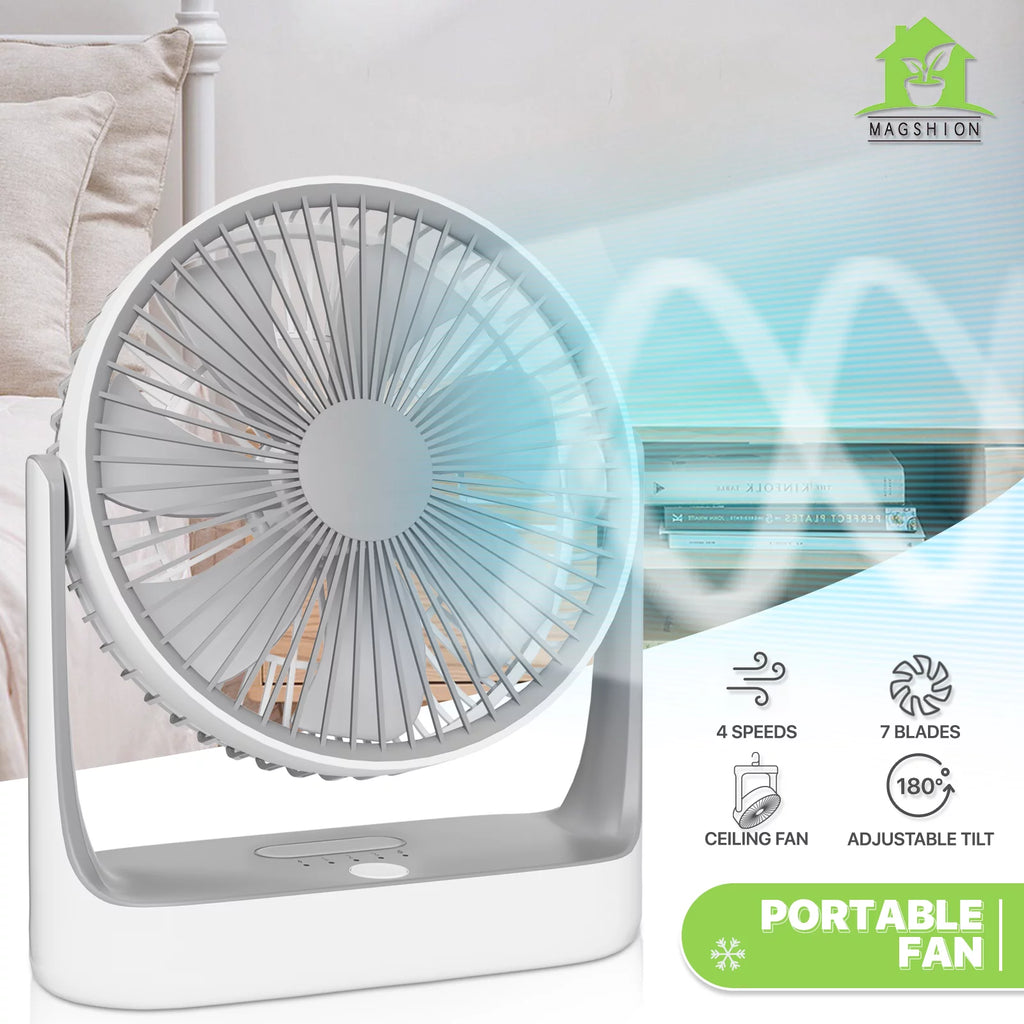 USB Desktop Fan, Rechargeable Wall Mounted Hanging Fan with LED Light, White R38152