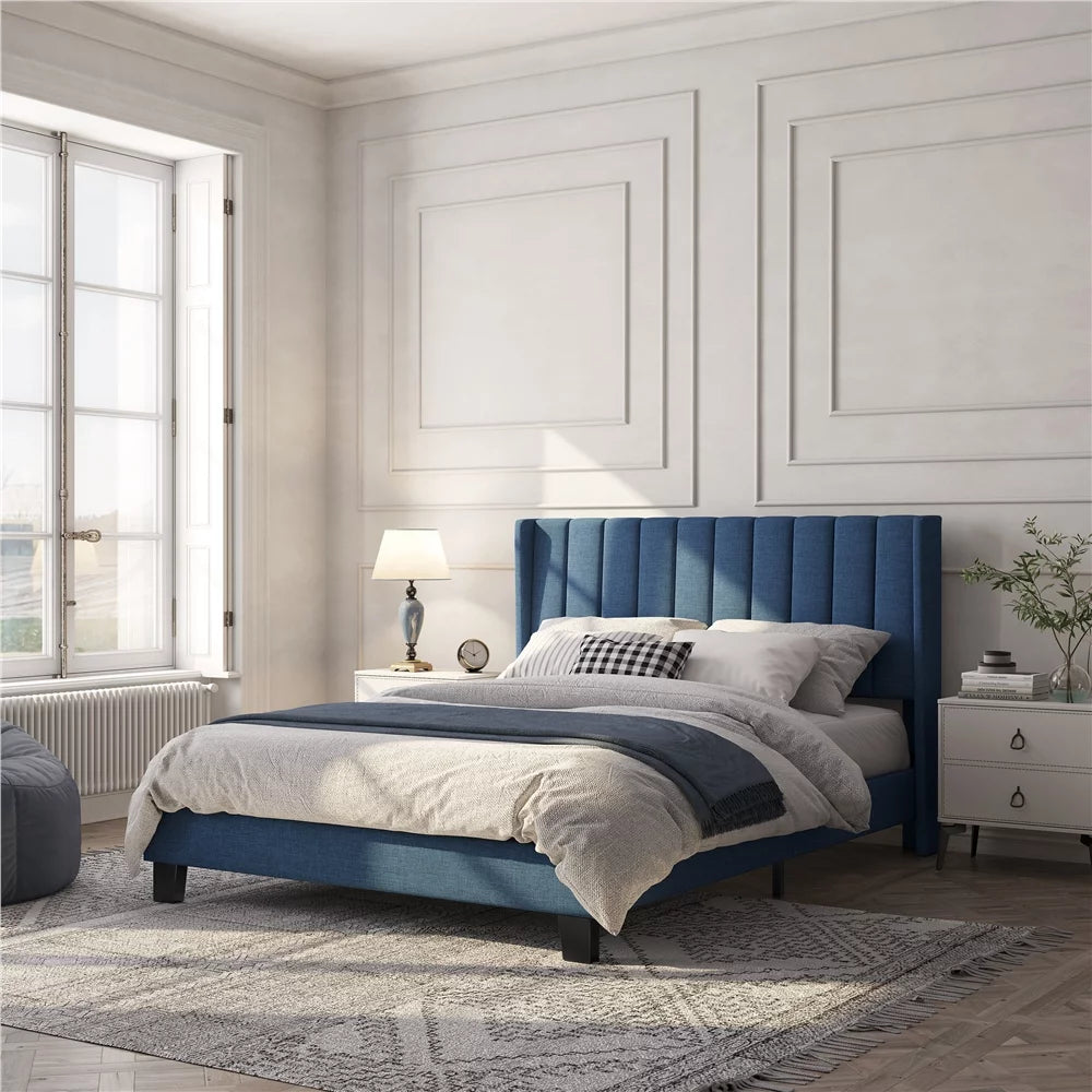 Queen Platform Bed with Upholstered Headboard, Navy Blue M114