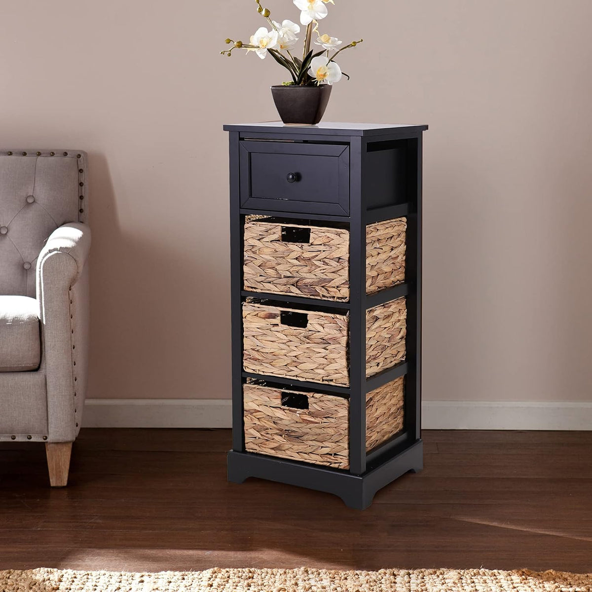 Black Storage Cabinet with 2 Drawers & 4 Removable Baskets B886371