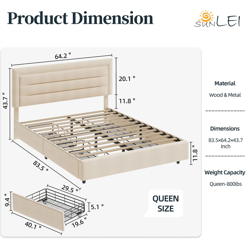 Queen Platform Bed Frame with Wingback Storage Headboard and Velvet Upholstered Headboard Grey E51395