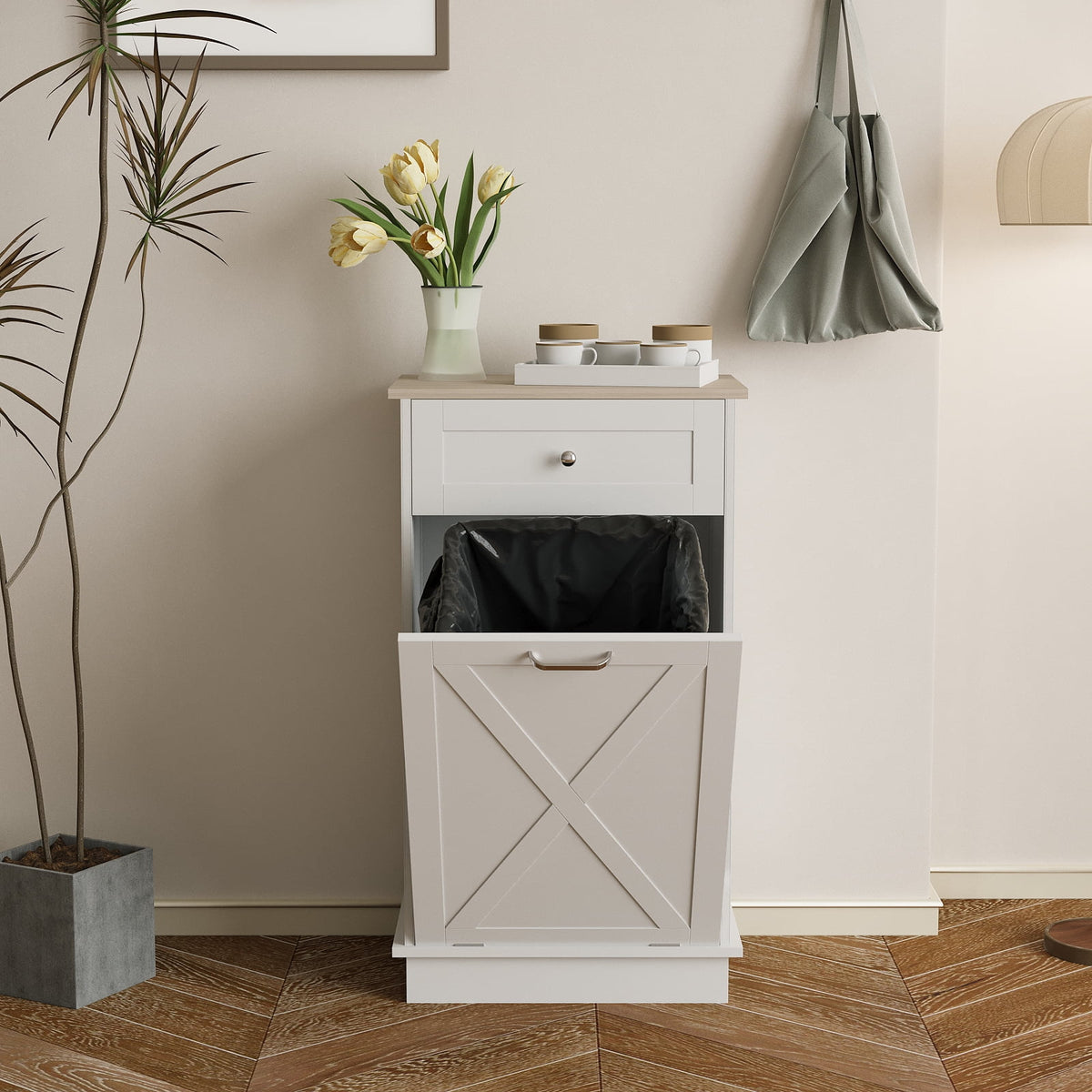 White Tilt Out Trash Can Cabinet T206613