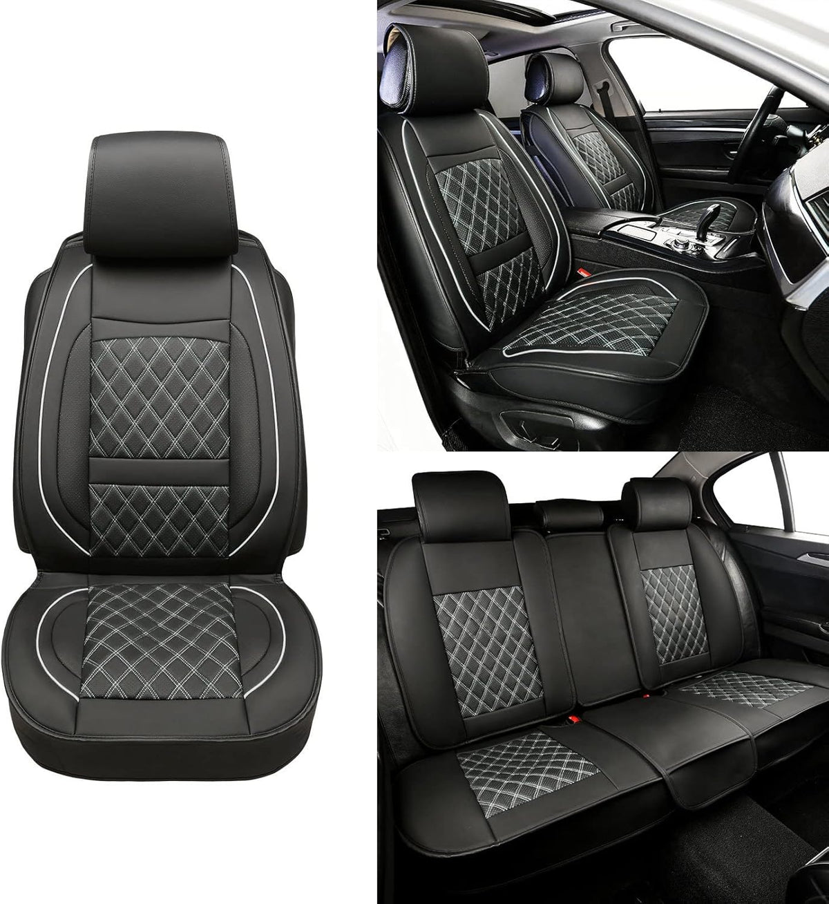 5 Car Seat Covers Black and Blue Leather Full Seat with 2 Car Backseat Storage Waterproof O31201