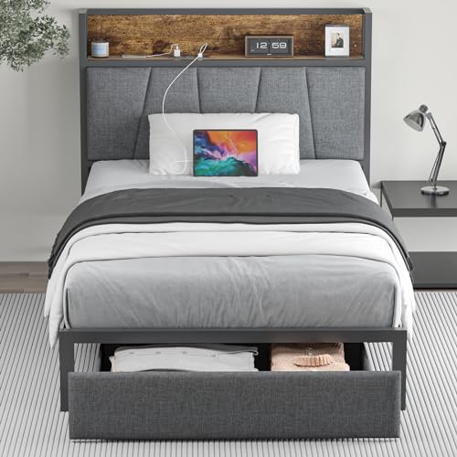 Twin Size Storage Platform Bed Frame with Headboard R4897
