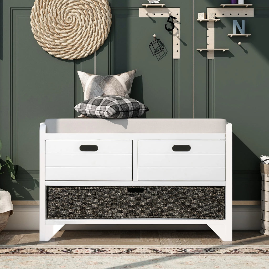 White Storage Bench with Removable Basket and 2 Drawers V52682