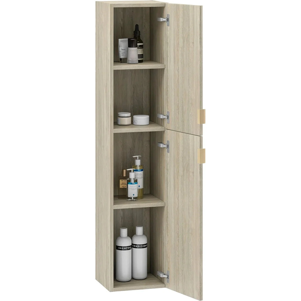Toasted Oak Wood Finish Column Cabinet with Gold Handles S484