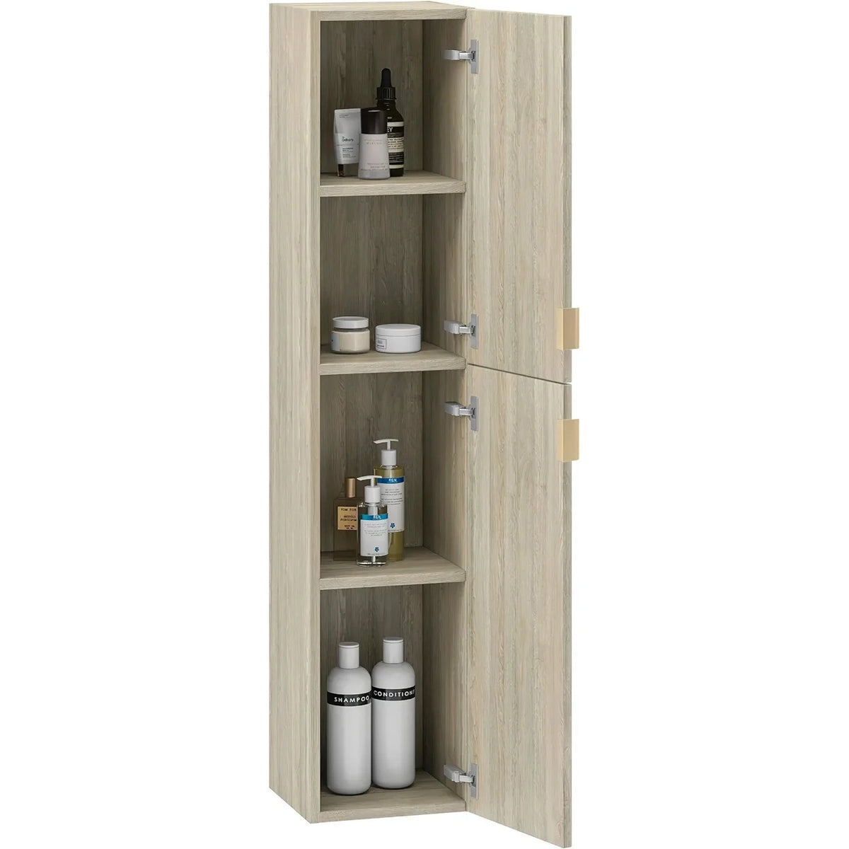 Toasted Oak Wood Finish Column Cabinet with Gold Handles S484