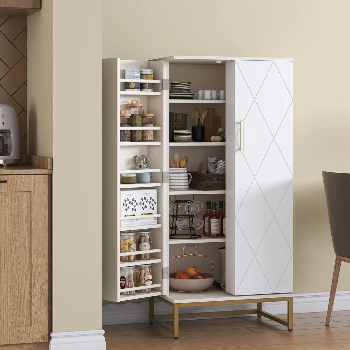 White Freestanding Kitchen Pantry Storage Cabinet with Adjustable Shelves A836916