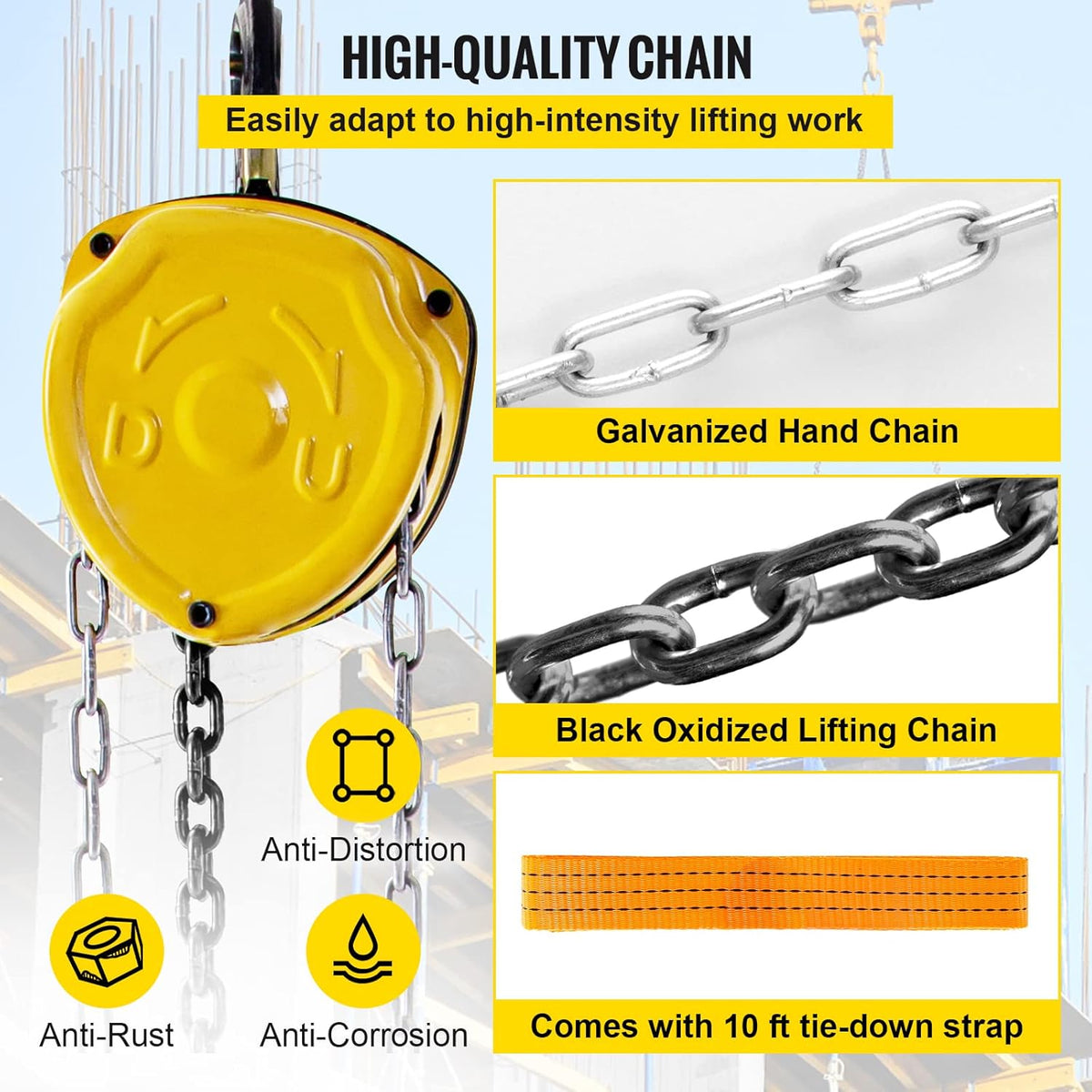 Chain Hoist 1100lbs 10ft Yellow Pack of 2 Y80901