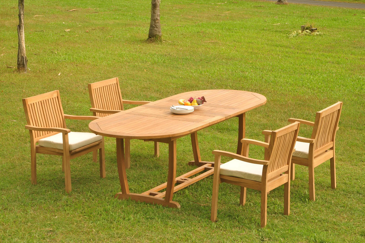 Grade-A Teak 5 Pc Dining Set with Oval Trestle Leg Table and 4 Stacking Arm Chairs S210