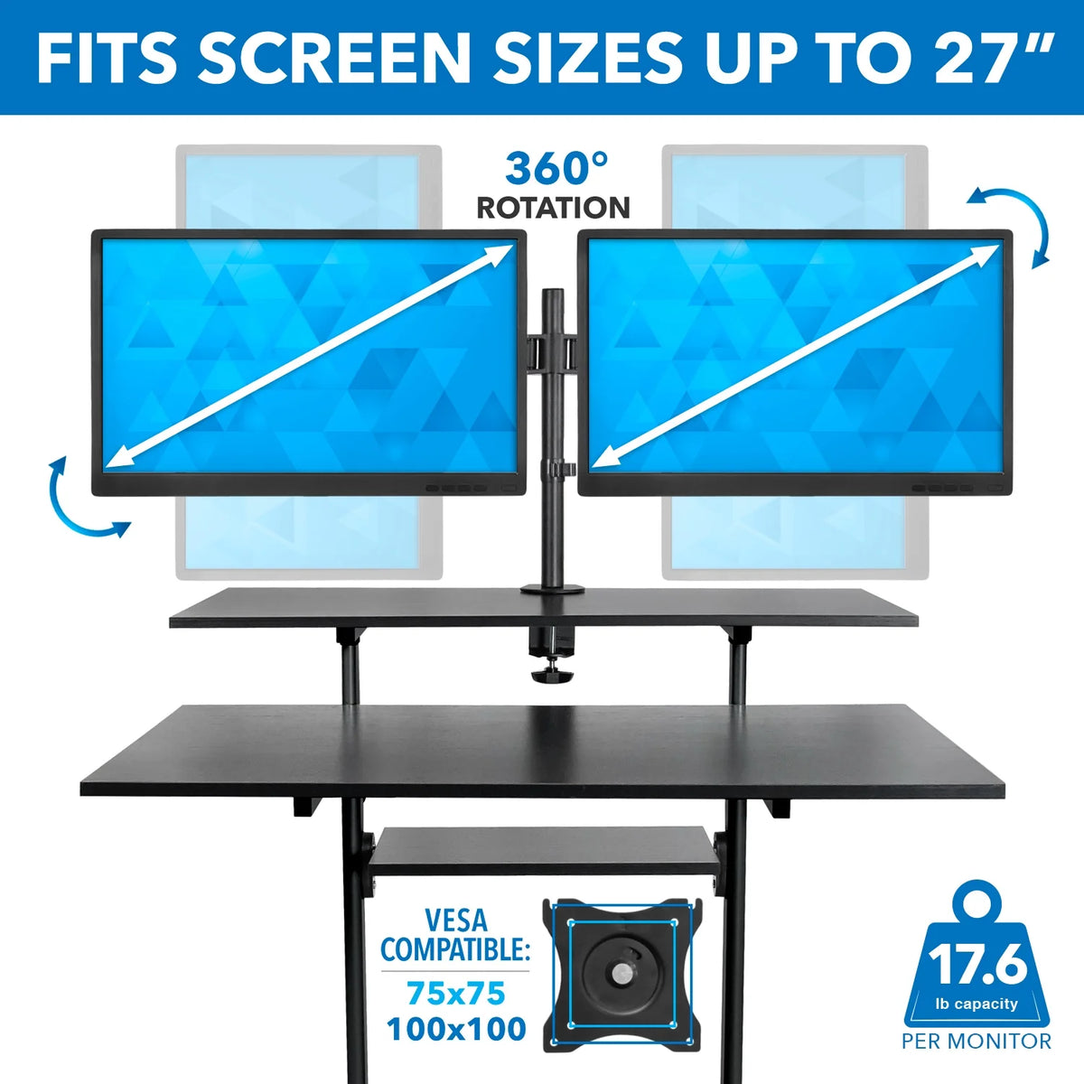 Black Mobile Standing Desk with Dual Monitor Mount X405