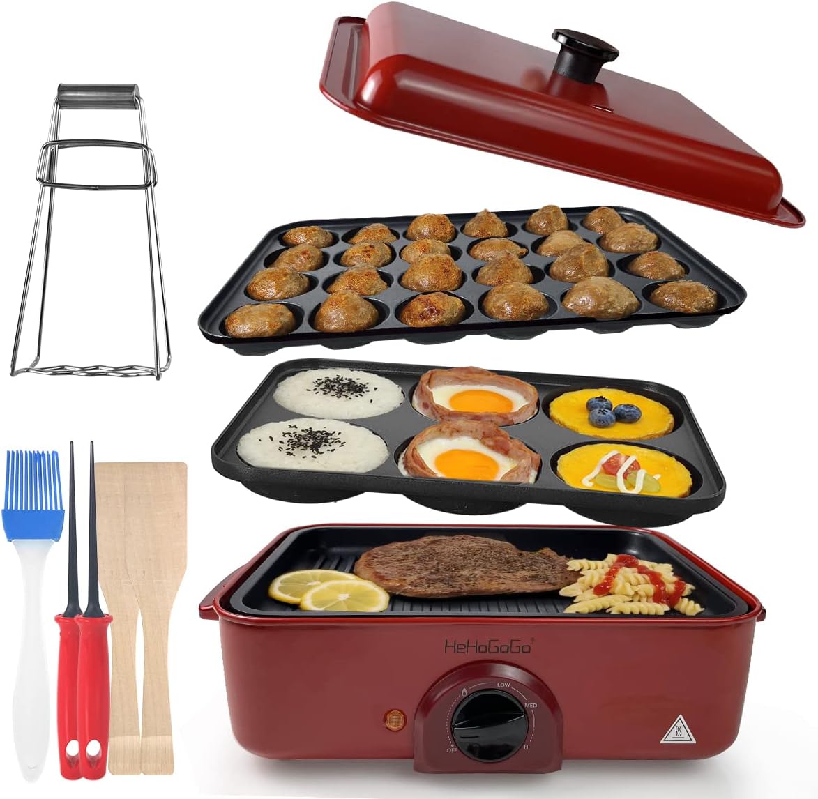 Red 3 in 1 Nonstick Electric Griddle with 3 Interchangeable Pans F917081