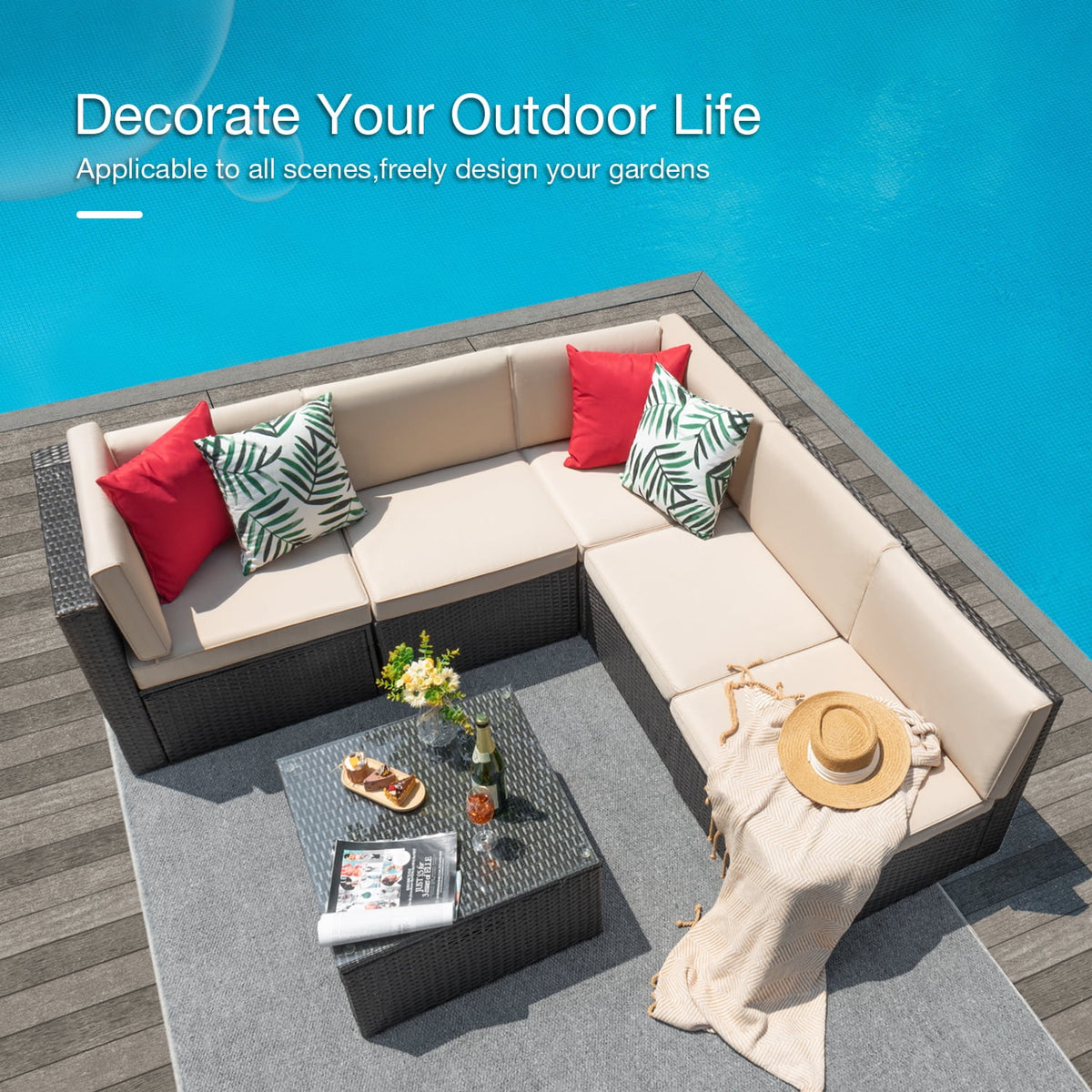 6 Pieces Wicker PE Rattan Sectional Sofa with Cushions D7766