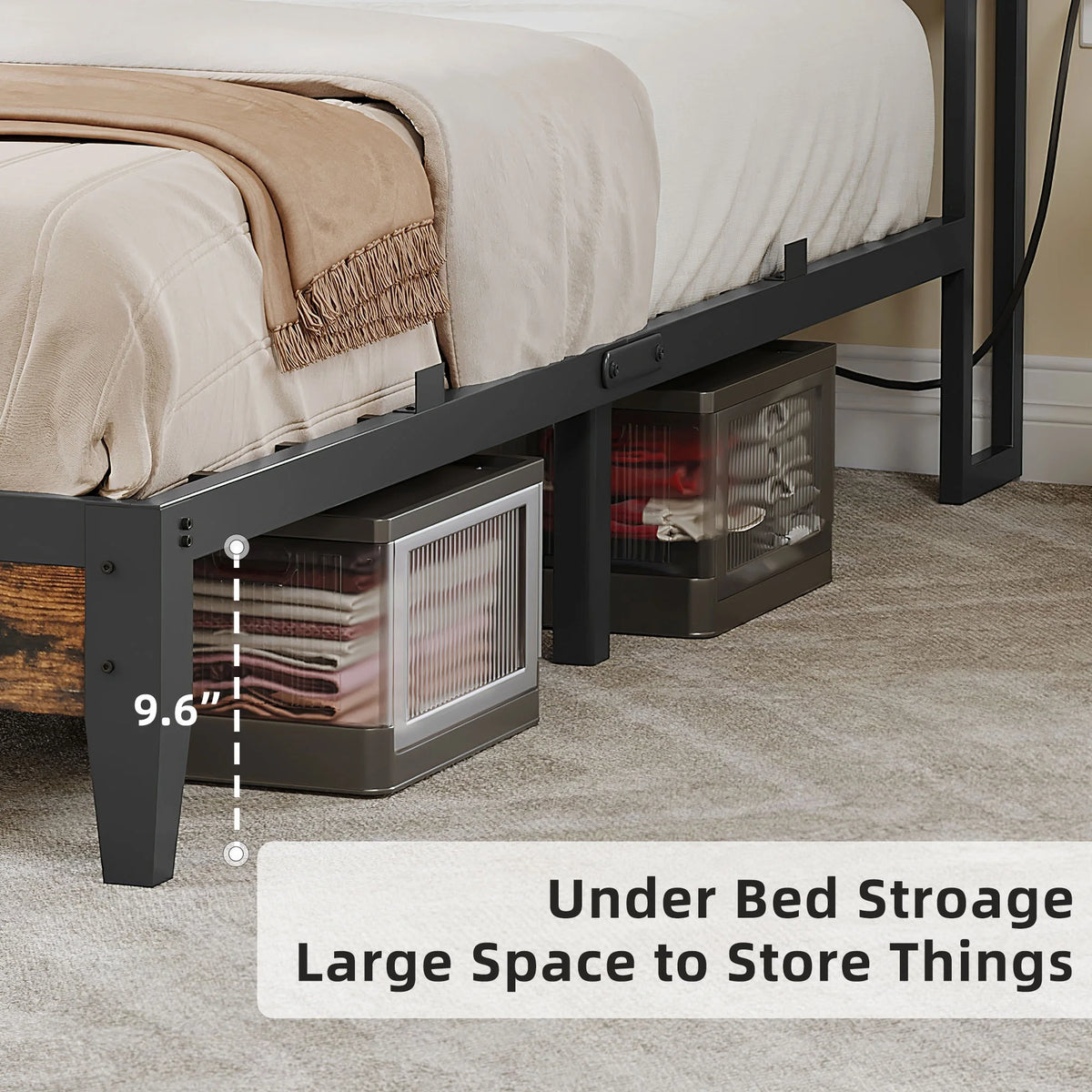 Full Size Upholstered Platform Bed Frame with Charging Station E6597