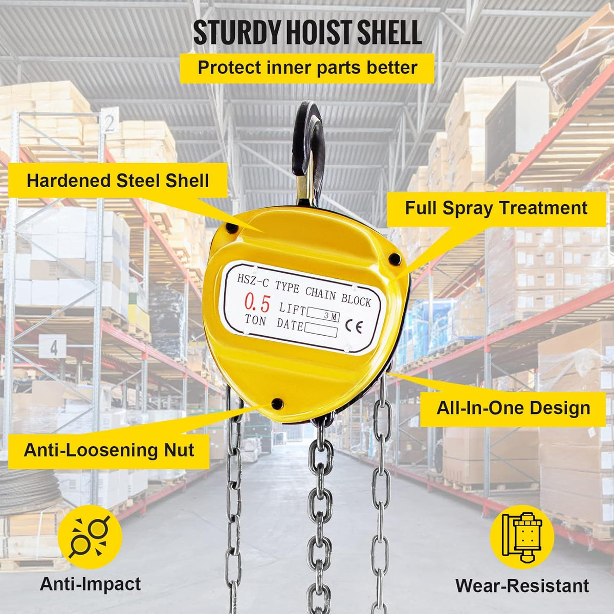 Chain Hoist 1100lbs 10ft Yellow Pack of 2 Y80901
