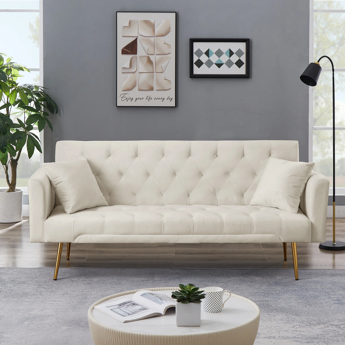 Beige Velvet Convertible Sofa Bed Q7865