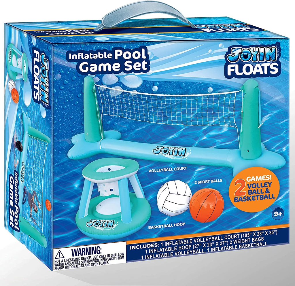 Inflatable Pool Float Set with Volleyball Net & Basketball Hoops Balls J74335