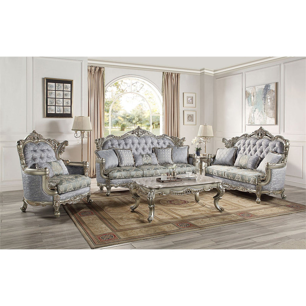 Tufted Fabric & Wood Sofa with 5 Pillows in Gray/Bronze I478800