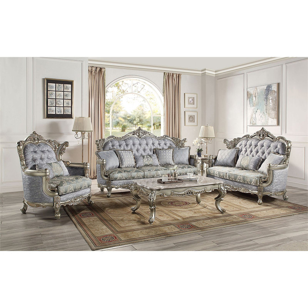 Tufted Fabric & Wood Sofa with 5 Pillows in Gray/Bronze I478800