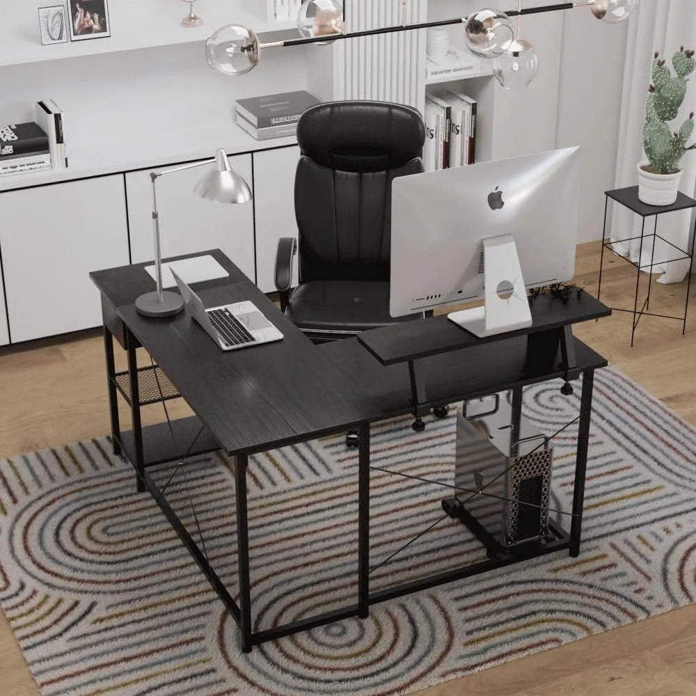 L Shaped Corner Computer Desk with Shelves and Monitor Stand Black V731286