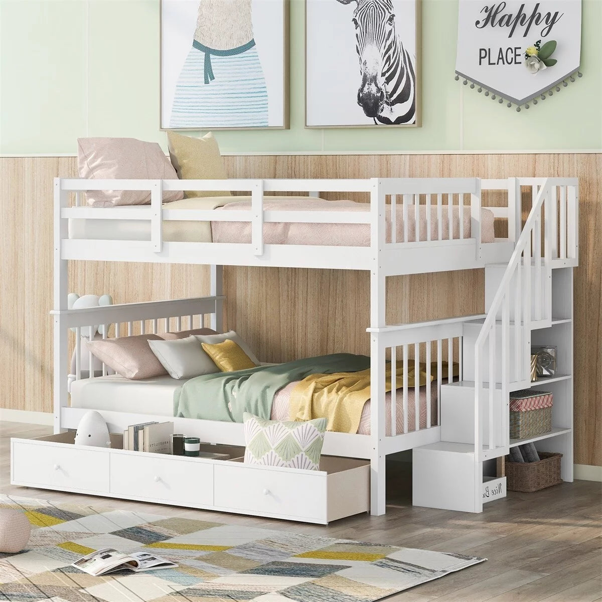 White Full over Full Stairway Bunk Bed with Drawer I305