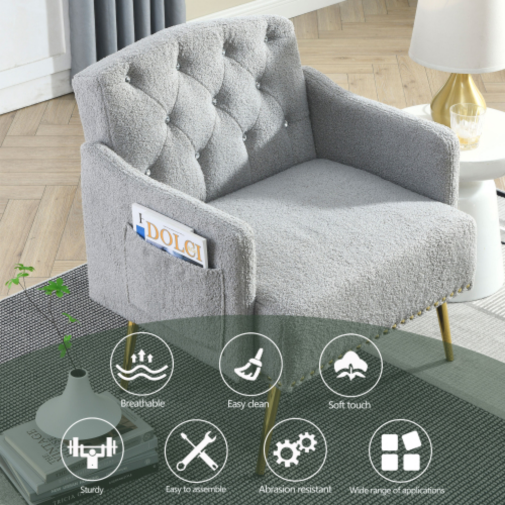 Grey Teddy Tufted Upholstered Chair with Gold Hardware Legs Z5898