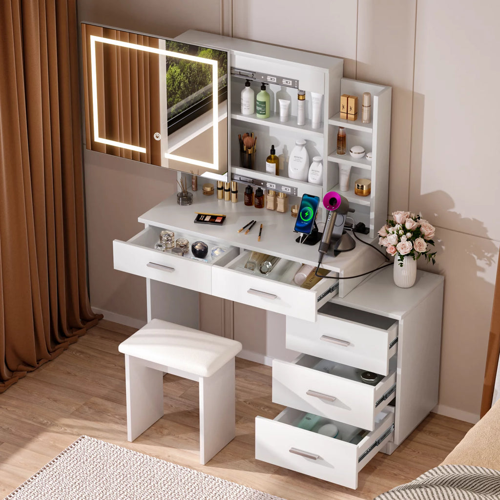 White Makeup Vanity Desk with Lighted Mirror and 3-Drawer Chest F130