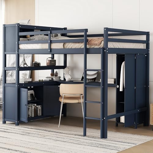 Full Size Wood Loft Bed with Desk and Storage Q10505