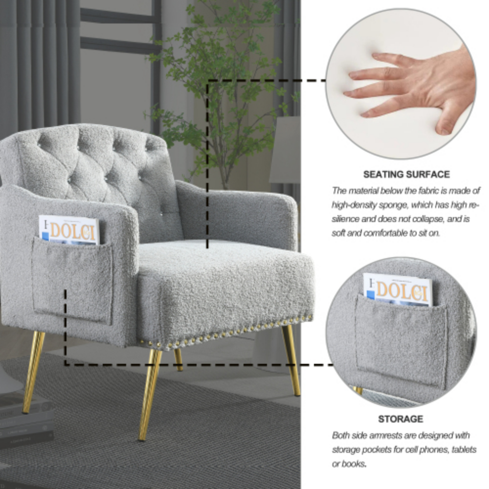 Grey Teddy Tufted Upholstered Chair with Gold Hardware Legs Z5898