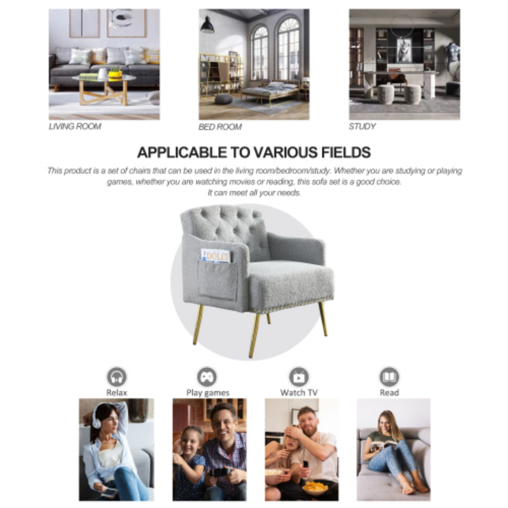 Grey Teddy Tufted Upholstered Chair with Gold Hardware Legs Z5898