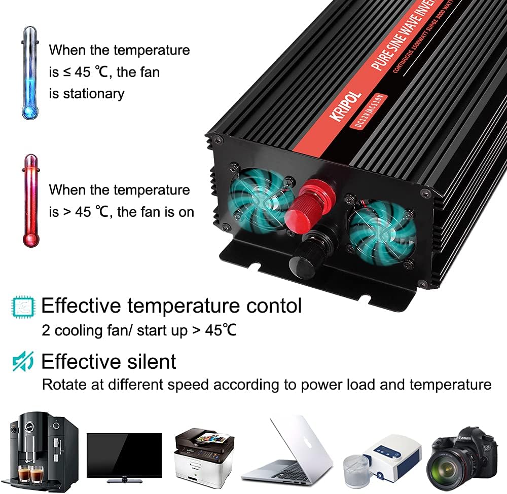 1000 Watt Pure Sine Wave Inverter 12v DC to 110/120v AC with Wireless Remote Control G2575