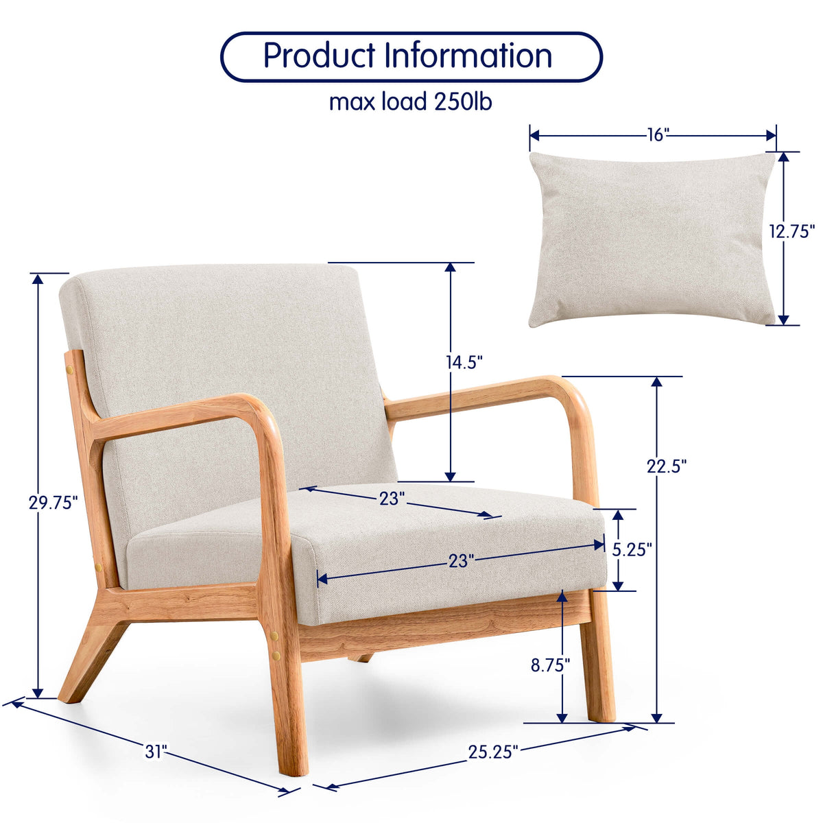 Linen Upholstered Accent Chair with Solid Wood Frame, Beige H704017
