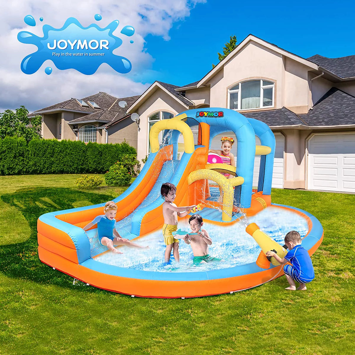 5-in-1 Inflatable Water Slide Park Bounce House with Splash Pool E576