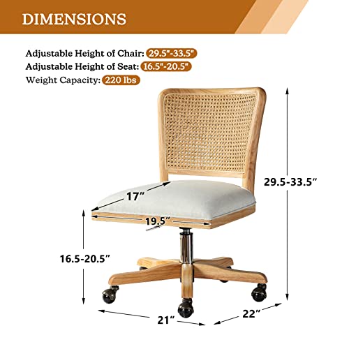 Upholstered Armless Swivel Desk Chair with Rattan Mid-Back A72246